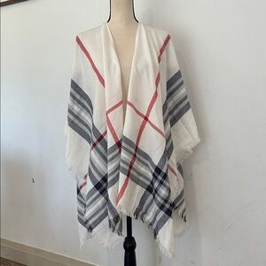 V Fraas Plaid Ruana Wrap Open Shawl Cape Poncho One Size made in Germany Cream